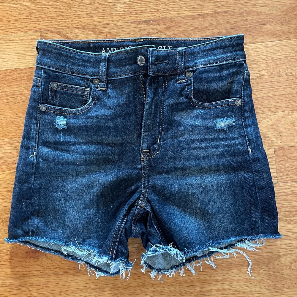 American Eagle Size 0 Dark Blue High Rise Jean Shorts with Two Rips